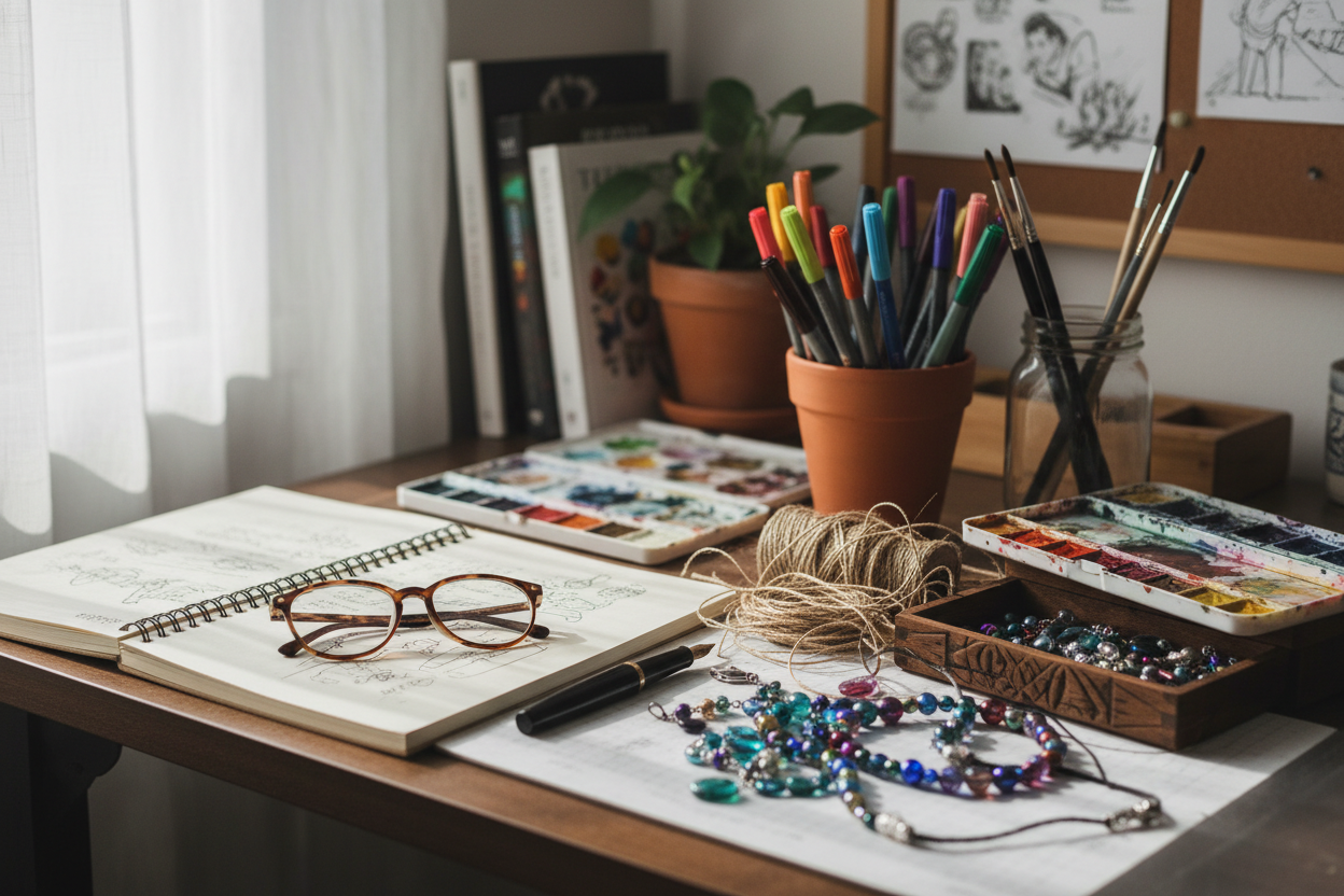 a desk with a notebook, pen, markers, paint, string, beads, and a pair of glasses on it 